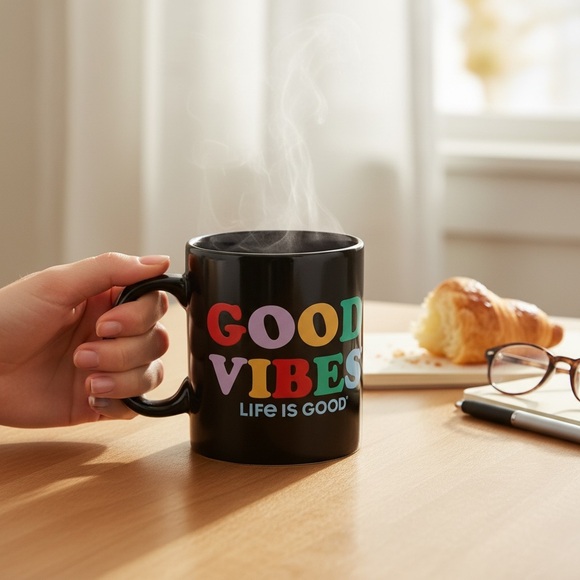Life Is Good Good Vibes Black Mug 16 oz Colorful Quote Ceramic Coffee Cup BNIB - Picture 2 of 10